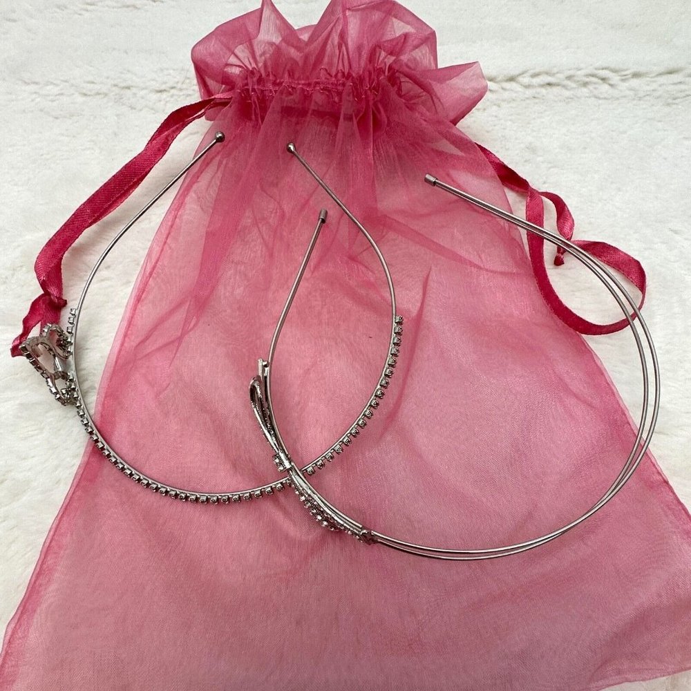 Two (2) Sproos Metal Headbands Silver w/Rhinestones Crown & Bow